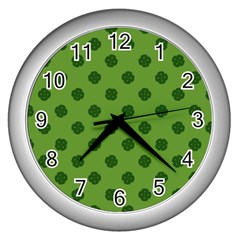 Green Four Leaf Clover Pattern Wall Clock (silver) by SpinnyChairDesigns