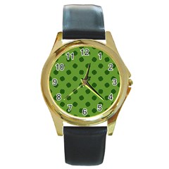 Green Four Leaf Clover Pattern Round Gold Metal Watch by SpinnyChairDesigns