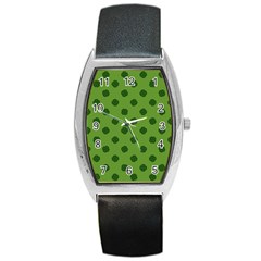 Green Four Leaf Clover Pattern Barrel Style Metal Watch by SpinnyChairDesigns