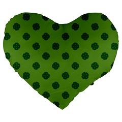 Green Four Leaf Clover Pattern Large 19  Premium Flano Heart Shape Cushions by SpinnyChairDesigns