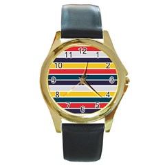 Horizontal Colored Stripes Round Gold Metal Watch by tmsartbazaar