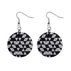 Black And White Triangles Pattern Mini Button Earrings by SpinnyChairDesigns