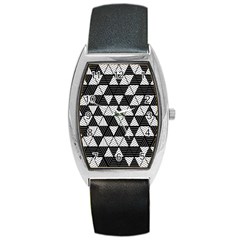 Black And White Triangles Pattern Barrel Style Metal Watch by SpinnyChairDesigns