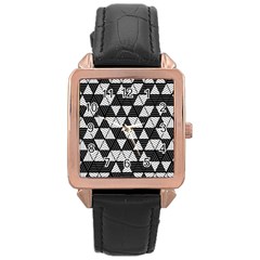 Black And White Triangles Pattern Rose Gold Leather Watch  by SpinnyChairDesigns