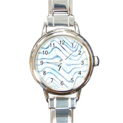 Faded Denim Blue Abstract Stripes On White Round Italian Charm Watch by SpinnyChairDesigns