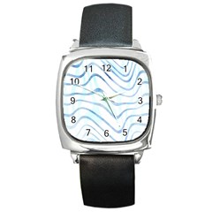 Faded Denim Blue Abstract Stripes On White Square Metal Watch by SpinnyChairDesigns