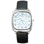 Faded Denim Blue Abstract Stripes on White Square Metal Watch Front