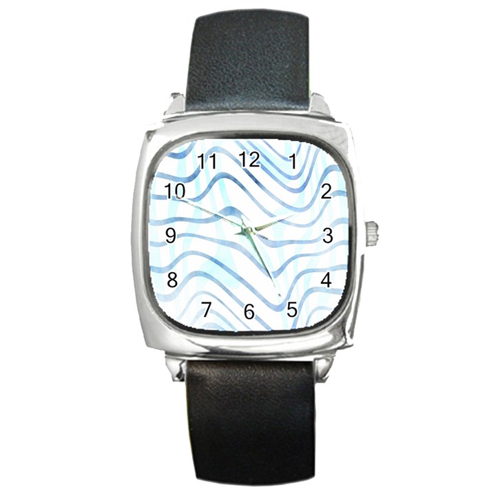 Faded Denim Blue Abstract Stripes on White Square Metal Watch