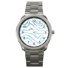 Faded Denim Blue Abstract Stripes On White Sport Metal Watch by SpinnyChairDesigns