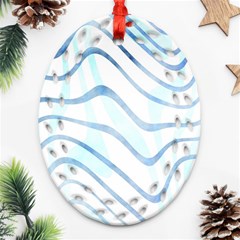 Faded Denim Blue Abstract Stripes On White Ornament (oval Filigree) by SpinnyChairDesigns