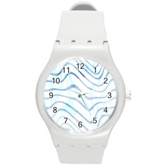 Faded Denim Blue Abstract Stripes On White Round Plastic Sport Watch (m) by SpinnyChairDesigns