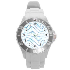 Faded Denim Blue Abstract Stripes On White Round Plastic Sport Watch (l) by SpinnyChairDesigns