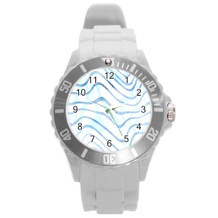 Faded Denim Blue Abstract Stripes on White Round Plastic Sport Watch (L)