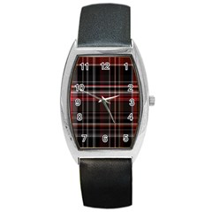 Red Black White Plaid Stripes Barrel Style Metal Watch by SpinnyChairDesigns