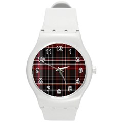 Red Black White Plaid Stripes Round Plastic Sport Watch (m) by SpinnyChairDesigns