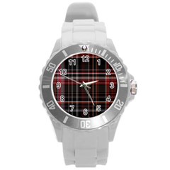 Red Black White Plaid Stripes Round Plastic Sport Watch (l) by SpinnyChairDesigns