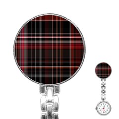 Red Black White Plaid Stripes Stainless Steel Nurses Watch by SpinnyChairDesigns