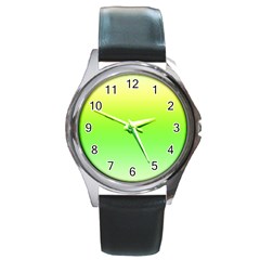 Lemon Yellow And Lime Green Gradient Ombre Color Round Metal Watch by SpinnyChairDesigns