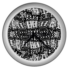 Abstract Black And White Stripes Checkered Pattern Wall Clock (silver) by SpinnyChairDesigns