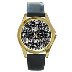 Abstract Black And White Stripes Checkered Pattern Round Gold Metal Watch by SpinnyChairDesigns