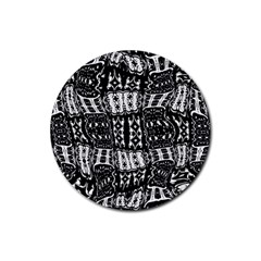 Abstract Black And White Stripes Checkered Pattern Rubber Round Coaster (4 Pack)  by SpinnyChairDesigns