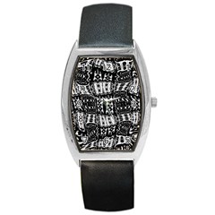 Abstract Black And White Stripes Checkered Pattern Barrel Style Metal Watch by SpinnyChairDesigns