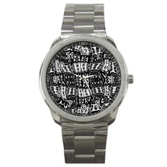 Abstract Black And White Stripes Checkered Pattern Sport Metal Watch by SpinnyChairDesigns