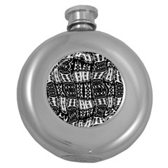 Abstract Black And White Stripes Checkered Pattern Round Hip Flask (5 Oz) by SpinnyChairDesigns