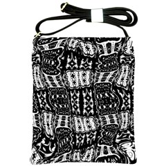 Abstract Black And White Stripes Checkered Pattern Shoulder Sling Bag by SpinnyChairDesigns