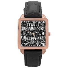 Abstract Black And White Stripes Checkered Pattern Rose Gold Leather Watch  by SpinnyChairDesigns