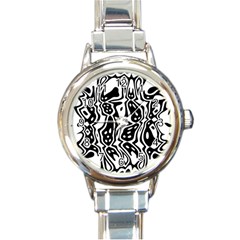 Black And White Abstract Stripe Pattern Round Italian Charm Watch by SpinnyChairDesigns