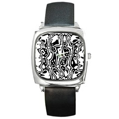 Black And White Abstract Stripe Pattern Square Metal Watch by SpinnyChairDesigns