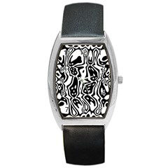 Black And White Abstract Stripe Pattern Barrel Style Metal Watch by SpinnyChairDesigns