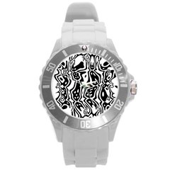 Black And White Abstract Stripe Pattern Round Plastic Sport Watch (l) by SpinnyChairDesigns