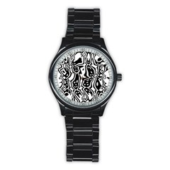 Black And White Abstract Stripe Pattern Stainless Steel Round Watch by SpinnyChairDesigns