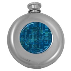 Blue Green Abstract Art Geometric Pattern Round Hip Flask (5 Oz) by SpinnyChairDesigns