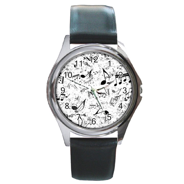 Black and White Music Notes Round Metal Watch