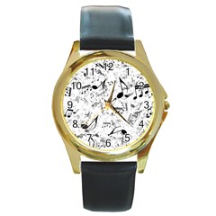 Black And White Music Notes Round Gold Metal Watch by SpinnyChairDesigns