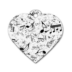 Black And White Music Notes Dog Tag Heart (one Side) by SpinnyChairDesigns