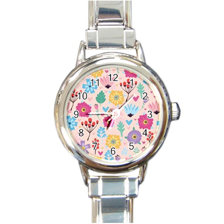 Tekstura-fon-tsvety-berries-flowers-pattern-seamless Round Italian Charm Watch