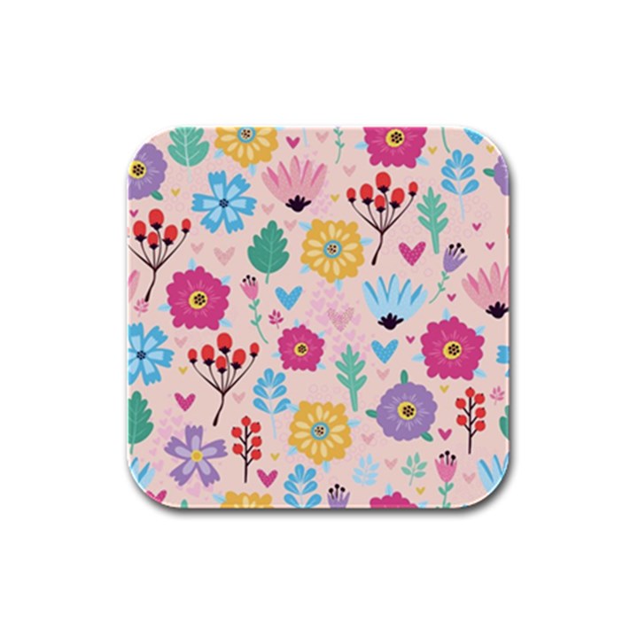 Tekstura-fon-tsvety-berries-flowers-pattern-seamless Rubber Square Coaster (4 pack) 