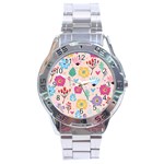 Tekstura-fon-tsvety-berries-flowers-pattern-seamless Stainless Steel Analogue Watch Front