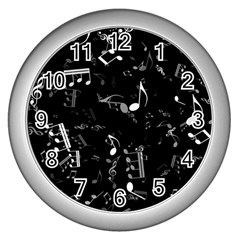 Black And White Music Notes Wall Clock (silver) by SpinnyChairDesigns