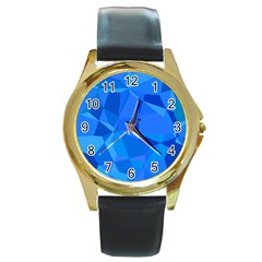 Electric Blue Geometric Pattern Round Gold Metal Watch by SpinnyChairDesigns