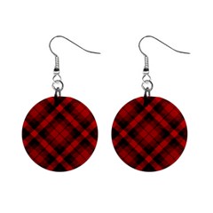 Red And Black Plaid Stripes Mini Button Earrings by SpinnyChairDesigns