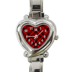 Red And Black Plaid Stripes Heart Italian Charm Watch by SpinnyChairDesigns