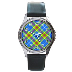 Clown Costume Plaid Striped Round Metal Watch by SpinnyChairDesigns