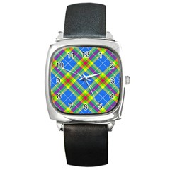 Clown Costume Plaid Striped Square Metal Watch by SpinnyChairDesigns