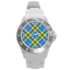 Clown Costume Plaid Striped Round Plastic Sport Watch (l) by SpinnyChairDesigns