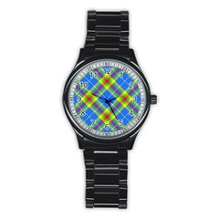 Clown Costume Plaid Striped Stainless Steel Round Watch by SpinnyChairDesigns